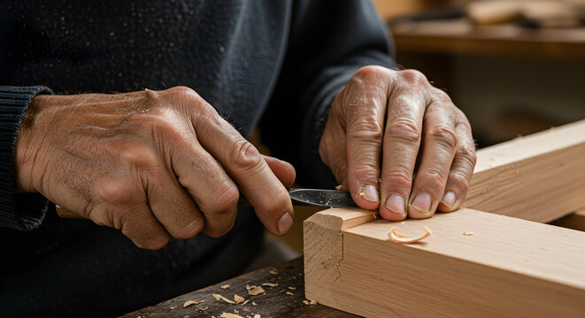 Skilled hands carving wood with a sharp chisel and wood shavings