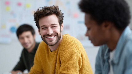 Fototapeta premium Smiling man in meeting with diverse colleagues. Collaboration, teamwork, positive atmosphere. Business success, inclusion, brainstorming, creative solutions, partnership.