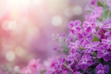 Obraz premium Abundant clusters of vibrant, violet blooms bask in soft, ethereal light creating a captivating floral display