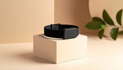 Black Fabric Wristband Product Mockup on Beige Platform