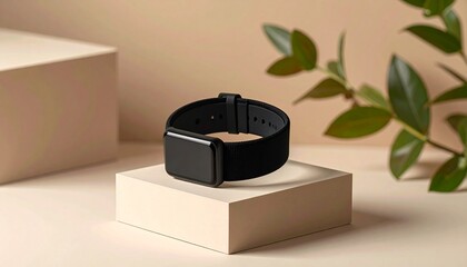 Black Fabric Wristband Product Mockup on Beige Platform