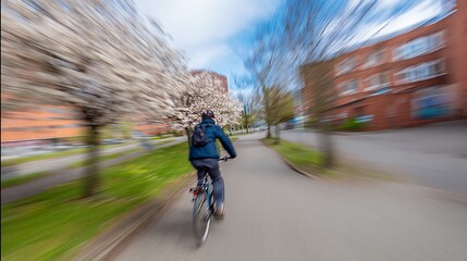 Naklejka premium Cyclist speeding through a blossoming spring city street, enjoying a vibrant urban bike ride amidst flowering trees and buildings.