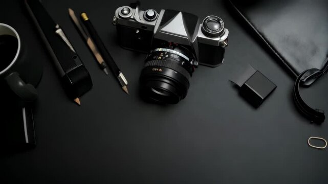 Overhead shot of vintage camera, notebooks, and coffee cup arranged on a black surface, creating a workspace or creative concept.