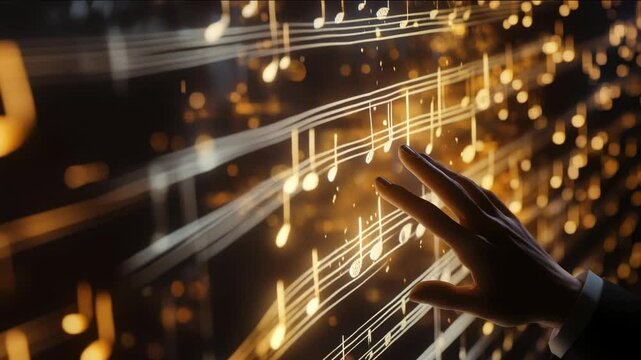 Virtuoso conductor. The profession of a conductor. A person's hand is reaching out to touch a sheet of music with various notes on it. The hand is hovering over the middle of the sheet, possibly tryin