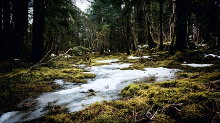 Serene Winter Forest Scene with Moss Covered Ground and Melting Snow Stream