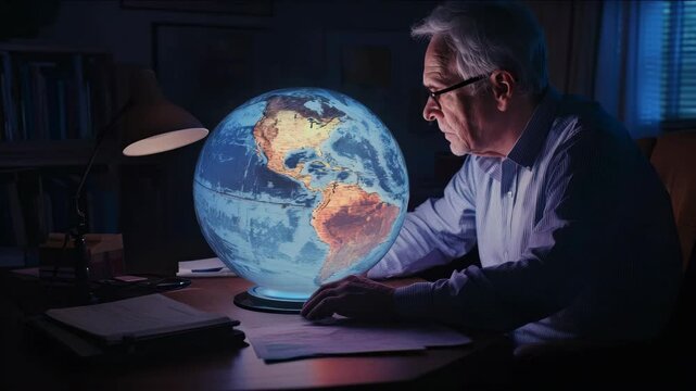 A man is looking at a globe. The globe is blue and has a white outline. The man is sitting at a desk