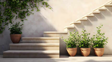 un diseño de escaleras modernas al exterior de una casa o jardin interior con macetas de barro y plantas verdes decorativas con luz solar 