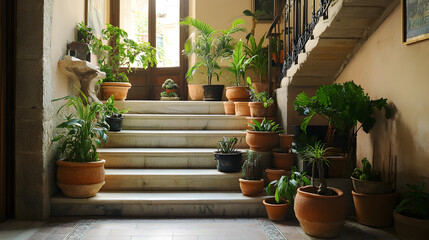 un diseño de una casa interior escaleras interiores con plantas de macetas decorativas y frescas estilo o diseño de interiores 