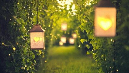 A path through a forest with pink hearts on the trees. The hearts are glowing and are scattered throughout the scene