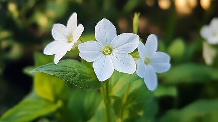 Fototapeta premium Three radiant white virginia stock flowers bloom elegantly amidst vibrant greenery in natural sunlight