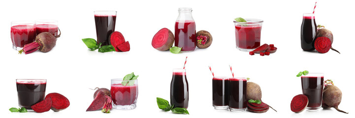 Set of healthy beet juice on white background