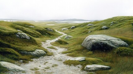 Naklejka premium Misty, grassy path winds through a landscape of rolling hills and large rocks