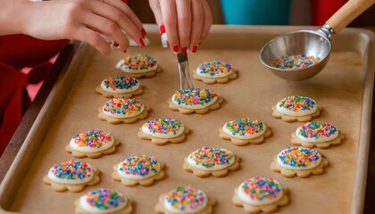Fototapeta premium A woman is decorating sugar cookies with sprinkles on a baking sheet.