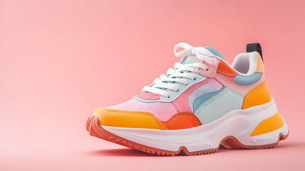 tenis colorido moderno para jovenes alegres sob un fondo rosa con espacio de copia 