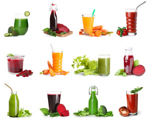 Fototapeta na wymiar Collage of tasty vegetable juices on white background