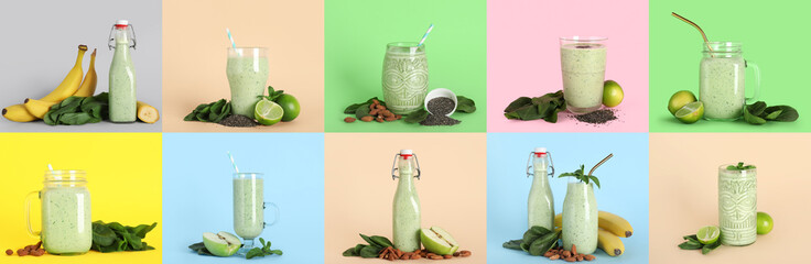 Set of fresh green smoothie on color background