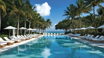 Obraz premium Tranquil poolside resort, white chaise lounges, palm trees, ocean view