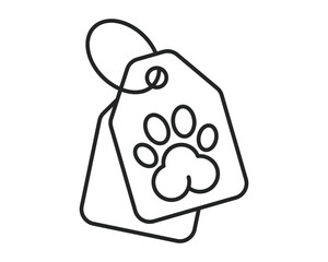 Minimalist line art illustration of two tags, one displaying a paw print, symbolizing pet care, animal adoption, or veterinary services. Modern, clean design.