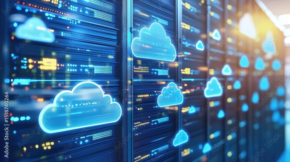Fototapete multiple glowing cloud icons overlaying digital server racks in a futuristic blue data center, repre