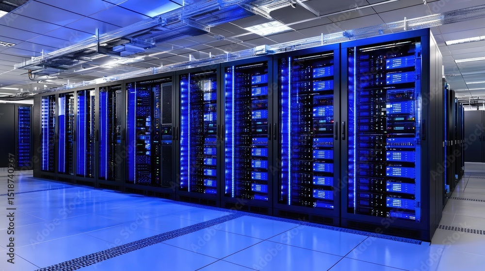 Leinwandbilder high tech data center interior with rows of illuminated blue server racks and overhead cable trays, 