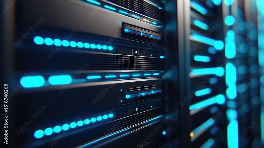 Fototapete close-up of glowing blue server racks in a high tech data center, showing detailed led lights and di