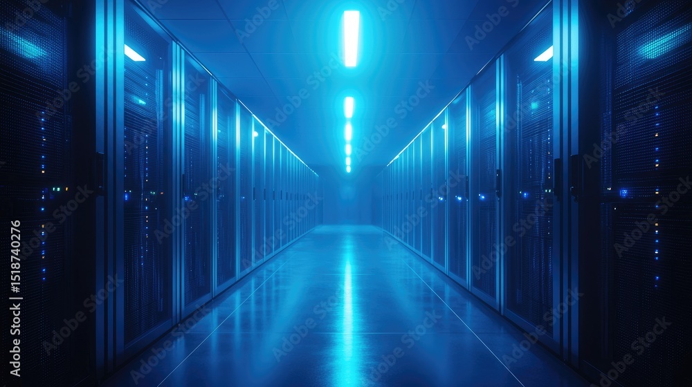 Poster Long futuristic hallway of a blue-lit data center with symmetrical server racks and reflective floor, representing secure cloud storage, digital infrastructure, and advanced computing environments
