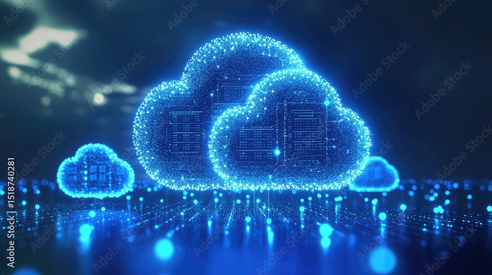 Fototapete Glowing digital cloud icons with circuit and data patterns floating above a futuristic blue matrix, representing cloud computing, virtual networks, and abstract digital storage technology concepts