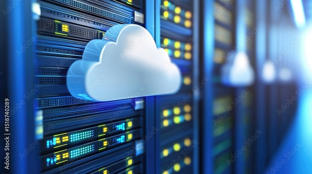 Poster 3d rendering of a glowing blue server room with a cloud icon, representing modern cloud computing, d