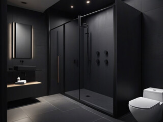 Modern home interior with a luxury bathroom featuring a clean shower, toilet, sink, mirror, and glass door