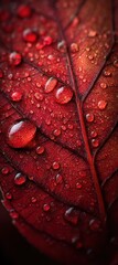 Fototapeta premium Close-up view of a vibrant red leaf covered in water droplets.