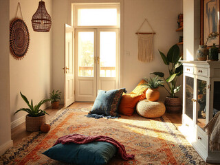 Cozy bedroom interior with comfortable bed, soft pillows, and warm lamp light for a luxurious home design