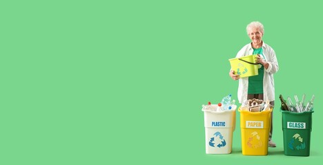 Senior woman sorting garbage on green background with space for text. Recycling concept