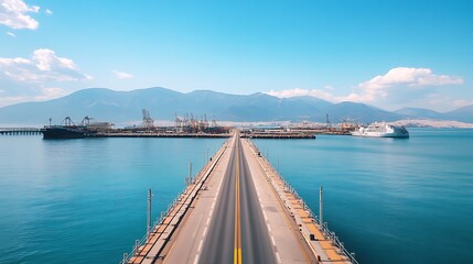 Obraz premium Aerial View of a Coastal Highway Leading to a Busy Port with Mountains in the Background