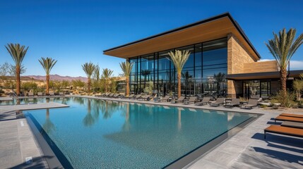 Modern community pool and clubhouse with desert landscape
