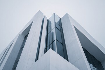 Architectural marvel, showcasing a modern building with geometric forms, sleek glass windows, and a minimalist aesthetic against a gray sky.