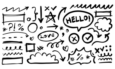 Hand drawn line chalk brush stroke arrow, underline, check mark, scribble and more. Vector illustration