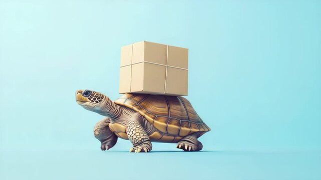 Turtle carrying boxes on its back against a blue background.
