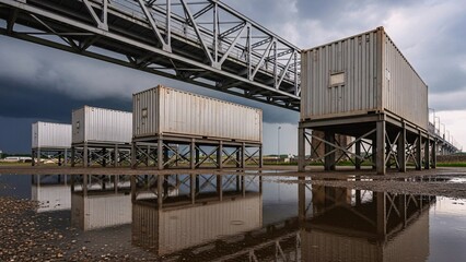 Obraz premium Several storage containers sit on metal supports beneath a large bridge, their reflections shimmering in puddles on the ground under a dramatic, cloudy sky