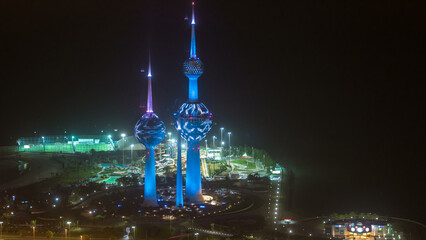The Kuwait Towers night timelapse - the best known landmark of Kuwait City. Kuwait, Middle East