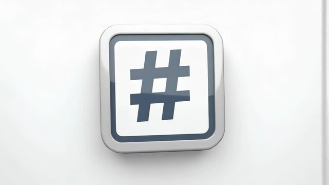 Isolated grey hashtag symbol on white square button with metallic border representing social media or online presence and search engine optimization