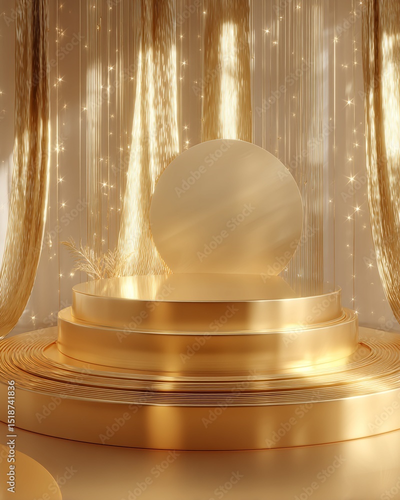 Aufkleber three-tiered gold display platform with circular element and draped background