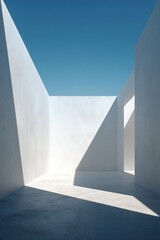 Abstract architectural shot featuring clean white walls and sharp shadows under a clear blue sky, creating a sense of serene spaciousness.
