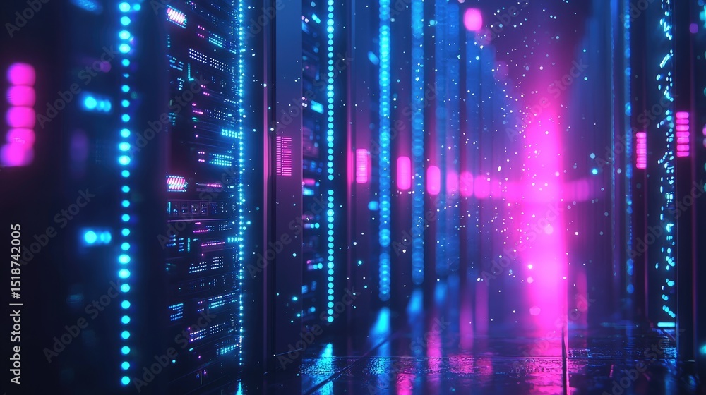 Leinwandbilder Futuristic data center with glowing neon blue and pink server racks and floating particles, symbolizing high speed digital technology, cyber networks, and modern computing infrastructure systems