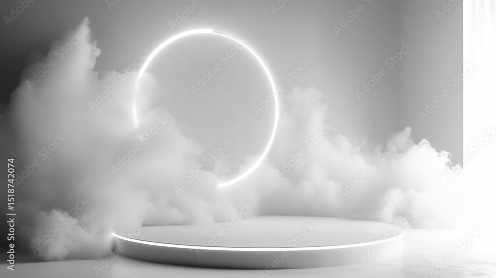 Poster white circular platform with neon ring and simulated clouds