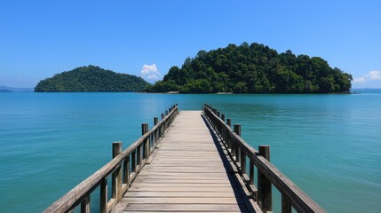 Obraz premium Empty wooden pier stretching into tranquil ocean waters with distant island on the horizon
