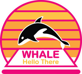 Illustration of a whale with hello there text against a striped yellow and pink background design