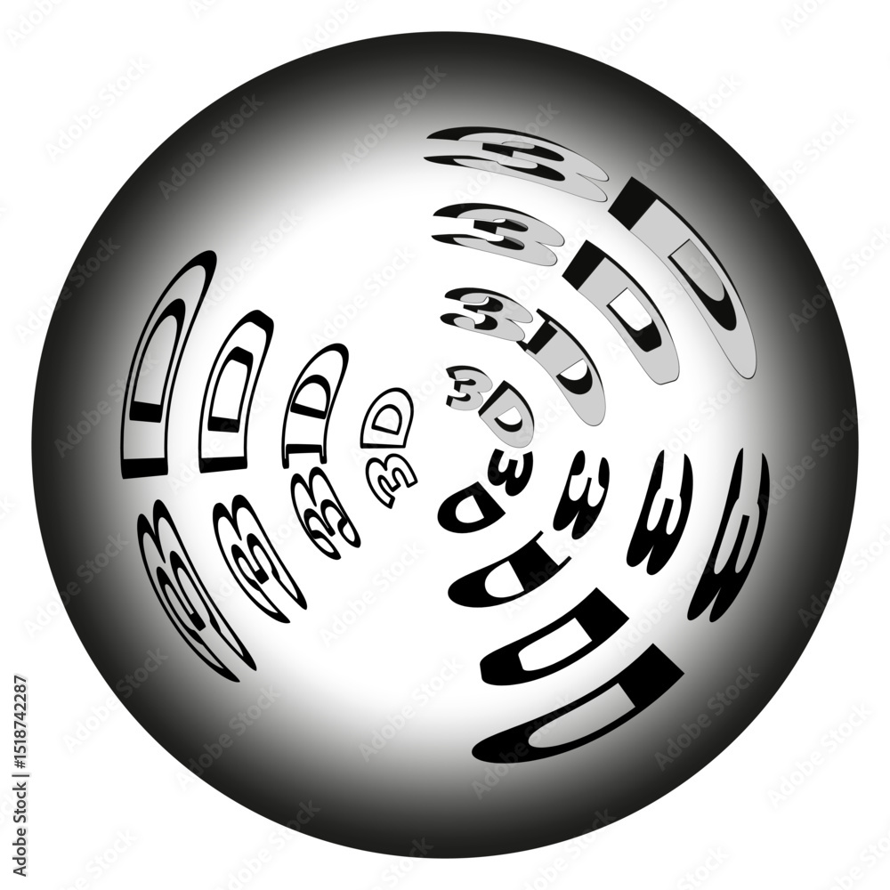 Poster 3d text sphere. circular typography vector. black white word wrap. futuristic graphic element.