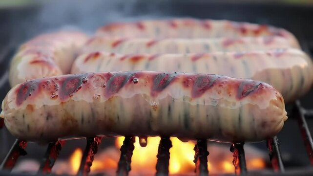 Close-Up of Juicy Grilled Sausages on a Hot Barbecue with Flames and Smoke