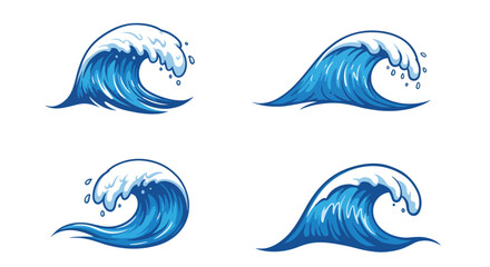 Four Stylized Blue Ocean Waves with Whitecaps and Splashes
