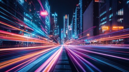 Obraz premium Night city lights streak across a road
